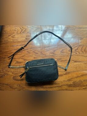 Michael Kors Black Logo-Print Crossbody Camera Bag with Gold Hardware